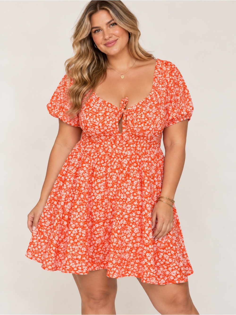 NWT Showpo Riecha Puff Sleeve Mini Dress in Orange Floral US 16